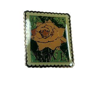 JG&A USPS 25 Cents Yellow Rose Postage Stamp Pin Back Enamel on Gold Tone Metal